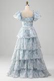 Green A Line Square Neck Tiered Long Prom Dress with Ruffles