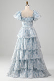 A Line Square Neck Light Blue Tiered Prom Dress with Ruffles