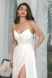 Simple White Ruffled Chiffon Corset Engagement Party Dress with Slit
