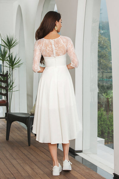 Zapaka Women Simple White Graduation Dress Lace Sleeves High Low Engagement Party Dress, White / US4