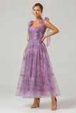 Purple A Line Pleated Printed Tea-Length Prom Dress