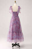 Purple Printed A Line Pleated Long Prom Dress