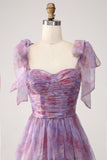 Purple Printed A Line Pleated Long Prom Dress