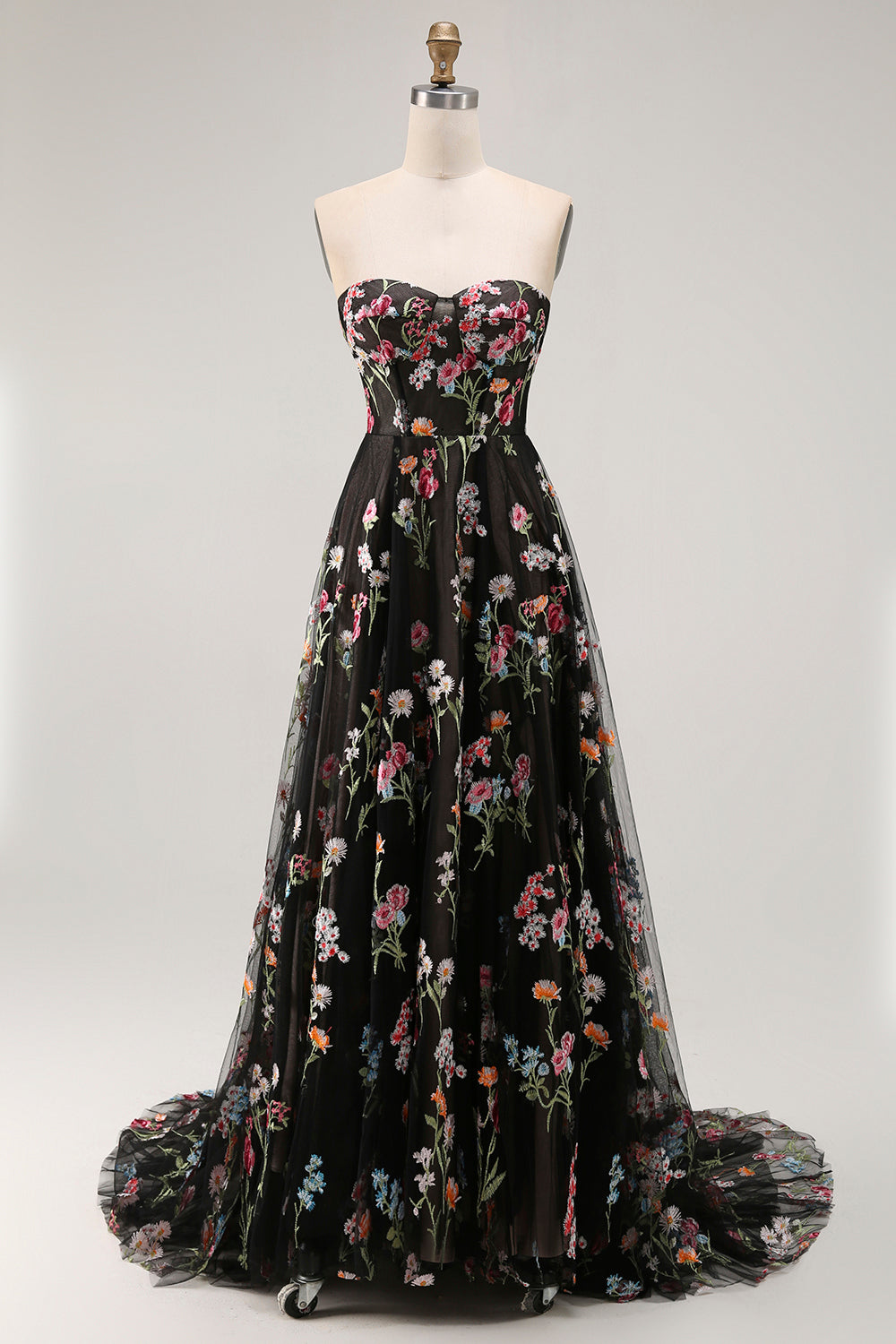 Strapless Black Floral A Line Long Prom Dress