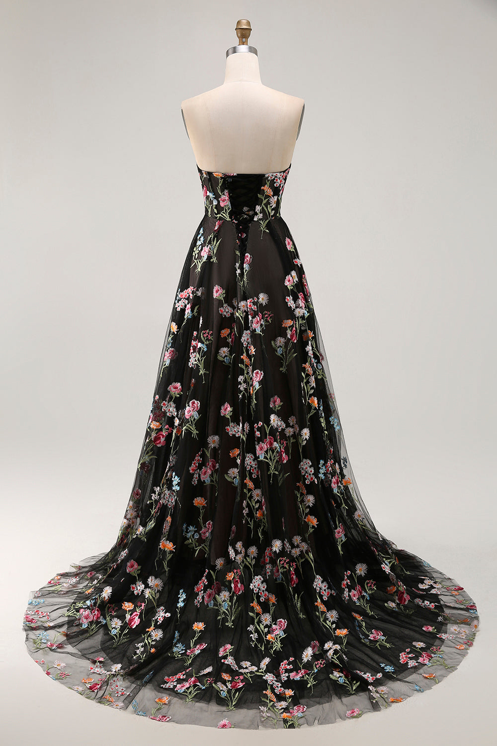 Strapless Black Floral A Line Long Prom Dress