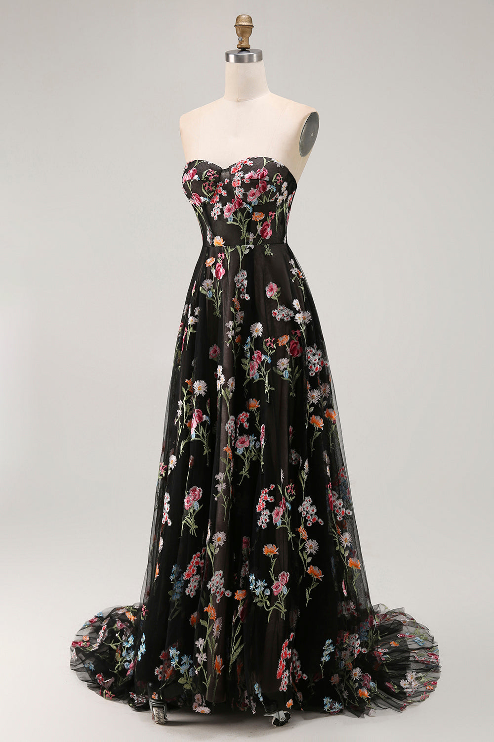 Strapless Black Floral A Line Long Prom Dress