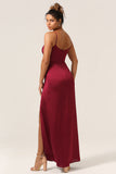 Simple Mermaid Spaghetti Straps Burgundy Long Bridesmaid Dress with Split Front
