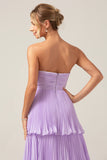 A-Line Sweetheart Tiered Chiffon Long Lilac Bridesmaid Dress