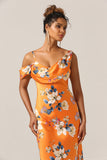 Trendy Mermaid One Shoulder Printed Orange Flower Bridesmaid Dress