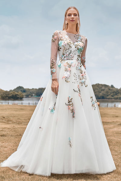 ZAPAKA Women Ivory Long Wedding Dress with Embroidery Tulle Long Sleeves Bridal Dress, Ivory / US8 ZAPAKA Women Ivory Long Wedding Dress with Embroidery Tulle Long Sleeves Bridal Dress, Ivory / US8