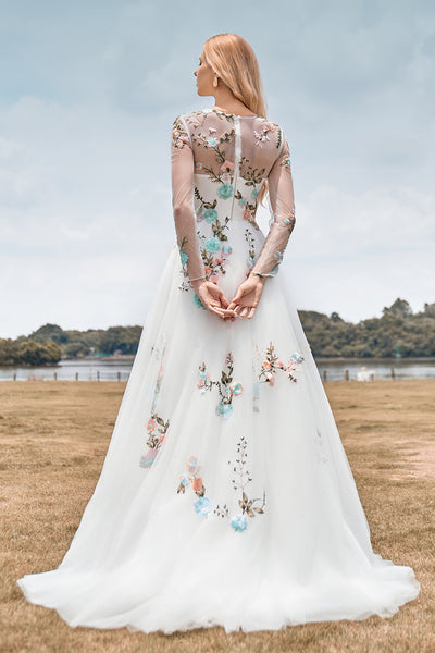ZAPAKA Women Ivory Long Wedding Dress with Embroidery Tulle Long Sleeves Bridal Dress, Ivory / US8 ZAPAKA Women Ivory Long Wedding Dress with Embroidery Tulle Long Sleeves Bridal Dress, Ivory / US8