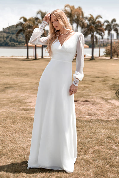 long sleeve simple wedding dress Zapaka Women Ivory Boho Simple Sheath Long Sleeves Wedding Dress with Lace, Ivory / US2