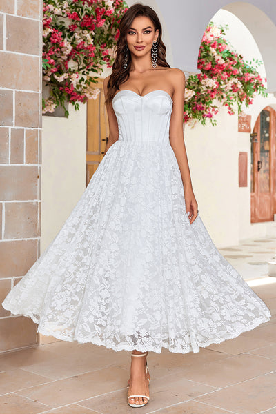 Zapaka Women Ivory Strapless Corset Tea-Length Wedding Dress with Lace, Ivory / US4 Zapaka Women Ivory Strapless Corset Tea-Length Wedding Dress with Lace, Ivory / US4