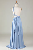 Convertible Blue Satin Bridesmaid Dress with Slit