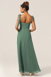 A Line Spaghetti Straps Eucalyptus Tie Straps Bridesmaid Dress With Slit