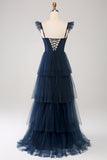 Navy Tulle Navy A Line Tiered Corset Bridesmaid Dress with Slit