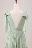Dusty Sage A Line Chiffon Bridesmaid Dress with Ruffles