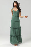 Classic Elegance A Line Off the Shoulder Eucalyptus Long Bridesmaid Dress