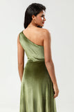 One Shoulder A Line Velvet Green Bridesmaid Dress with Slit