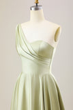Dusty Sage A Line One Shoulder Long Satin Bridesmaid Dress