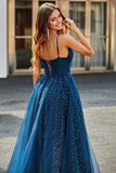 Navy A-Line V-Neck Long Beaded Tulle Prom Dresses With Pleated