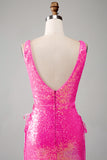 Sparkly Hot Pink Mermaid Prom Dress with Slit