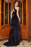 Sparkly Mermaid One Shoulder Black Sequins Long Evening Dress with Slit