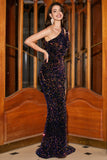 Sparkly Mermaid One Shoulder Black Sequins Long Evening Dress with Slit