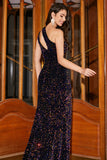 Sparkly Mermaid One Shoulder Black Sequins Long Evening Dress with Slit