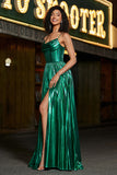 Sparkly A-line Dark Green Corset Prom Dress with Slit