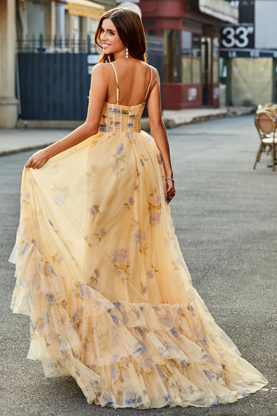 ZAPAKA Women Yellow Long Prom Dress A-Line Halter Pleated Tulle Tiered Party Dress With Embroidery, Yellow / US14