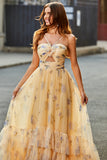 Yellow A-Line Halter Pleated Tulle Tiered Long Prom Dress With Embroidery