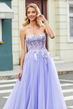 Gorgeous A Line Off the Shoulder Lavender Corset Prom Dress with Appliques