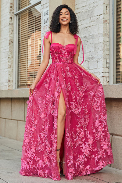 ZAPAKA Women Hot Pink Long Prom Dress with Slit A-Line Spaghetti Straps Party Dress, Fuchsia / US2