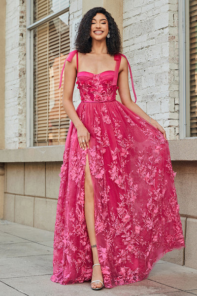 Hot Pink Straps Lace Up Long Party Dress with Slit, DP2156