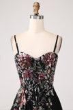 Black A-Line Flower Sequins Long Corset Prom Dress