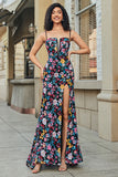 Black Flower Embroidered Mermaid Prom Dress With Side Slit