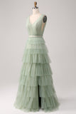 Pleated Tiered Green Prom Dress with Slit