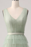 Pleated Tiered Green Prom Dress with Slit