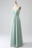 Matcha A-Line Spaghetti Straps Backless Pleated Long Bridesmaid Dress