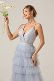 Grey Blue A Line Tiered Tulle Prom Dress