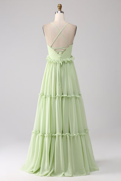 Zapaka Women Ruffles Green Bridesmaid Dress with Lace-Up Back A Line Long Wedding Party Dress, Chiffon Color / US20W