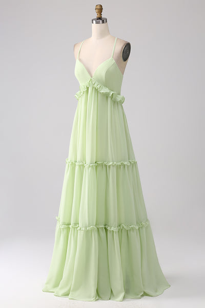 ZAPAKA Women Ruffles Green Bridesmaid Dress with Lace-up Back A Line Long Wedding Party Dress, chiffon color / US20W