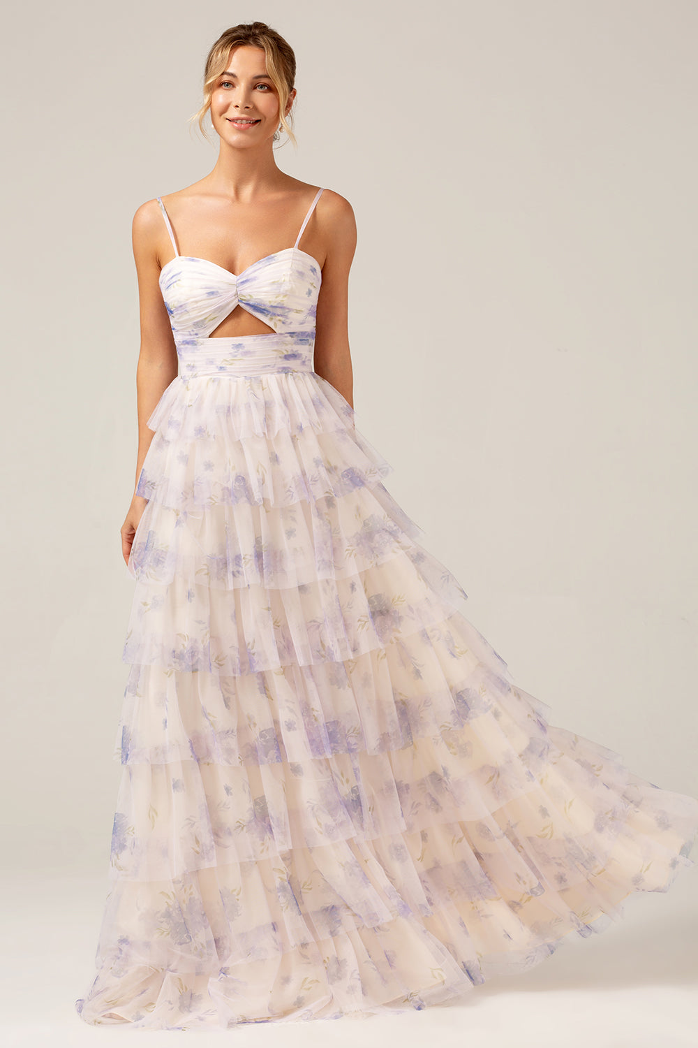 Lavender Flower Princess Spaghetti Straps Tiered Prom Dress