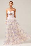 Lavender Flower Princess Spaghetti Straps Tiered Prom Dress