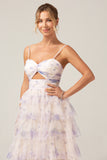 Lavender Flower Princess Spaghetti Straps Tiered Prom Dress