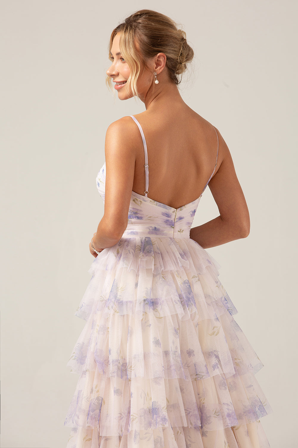 Lavender Flower Princess Spaghetti Straps Tiered Prom Dress