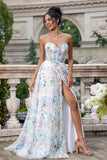 White Blue Flower A Line Sweetheart Corset Long Prom Dress with Slit