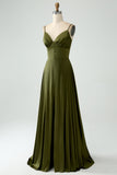 Olive A-Line Spaghetti Straps Satin Long Bridesamid Dress
