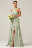 Dusty Sage Boho Chiffon Long Bridesmaid Dress with Button Back